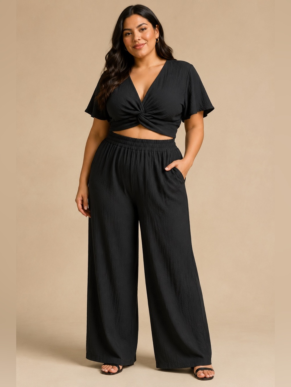 Zenana Black Two Piece Crop Top Wide Leg Pants Set S M L